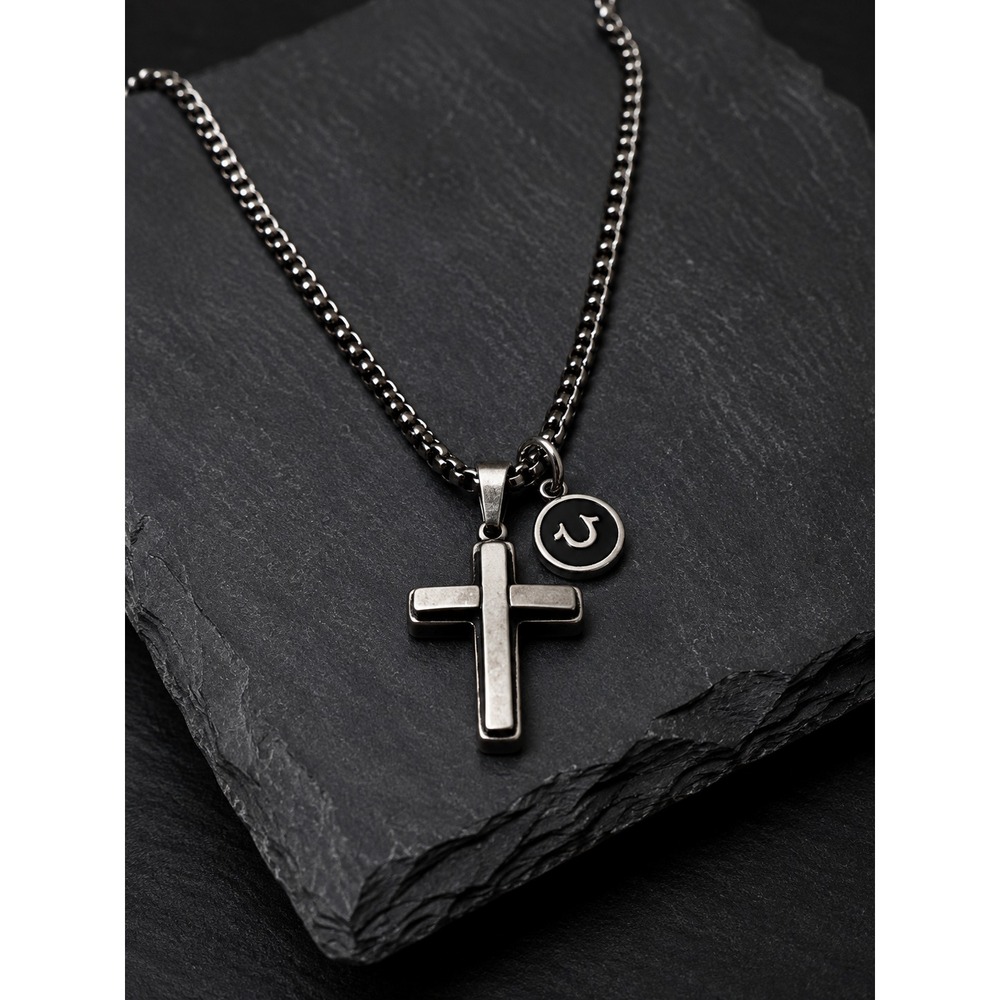 NIB True Religion Gunmetal Cross Pendant Necklace 24" Chain Logo Charm